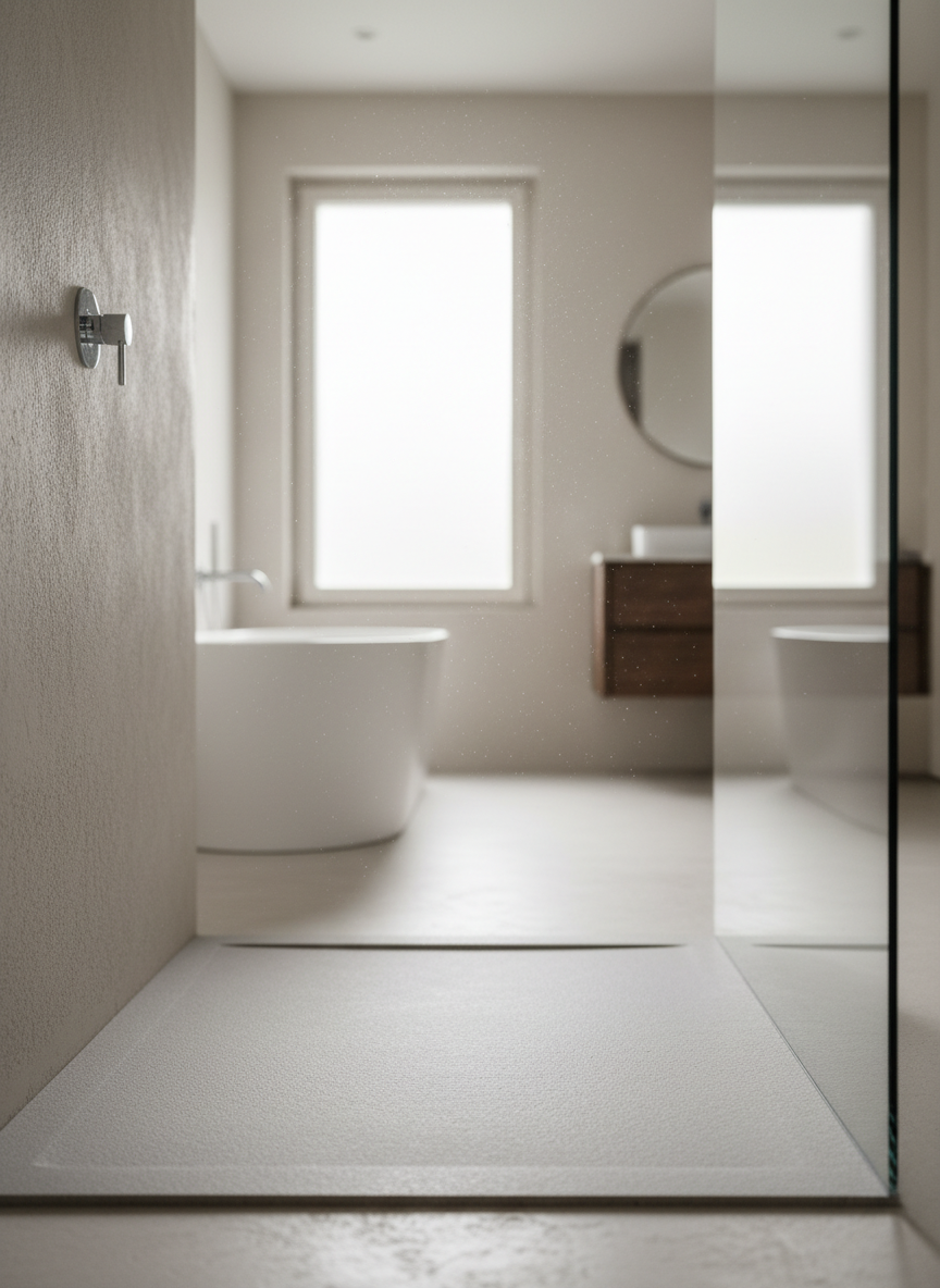 Rénovation douche salle de bain à Sanary sur Mer 83110 : receveur ultra plat céramique anti dérapant , avec paroi verre, miroir lumineux