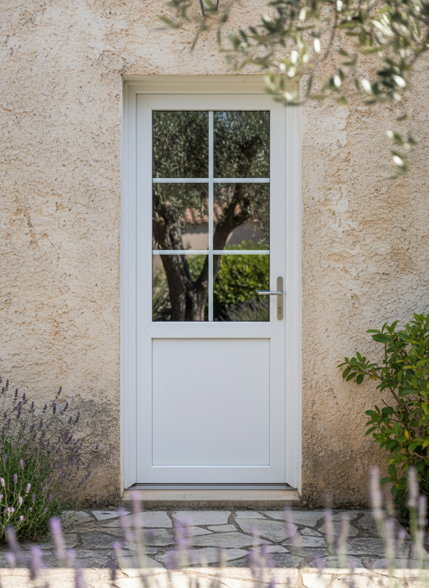 Pose de menuiseries extérieures à Sanary-sur-Mer vers Six Fours: porte fenetre 1 vantail battant pvc blanc double vitrage 4/16/4