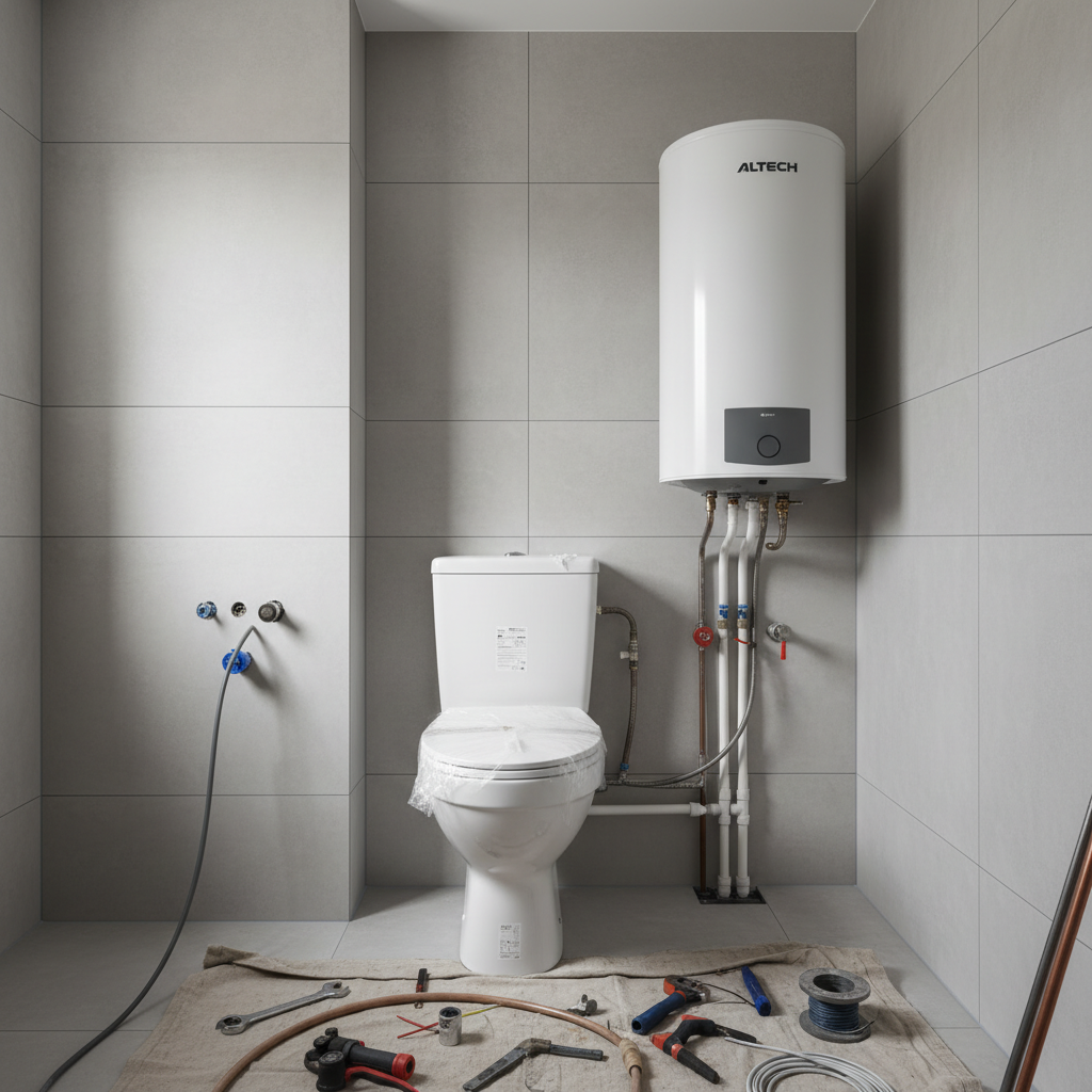 Rénovation salle de bain à Sanary sur Mer :  receveur douche, meuble vasque, pack wc, chauffe eau Altech, lave linge