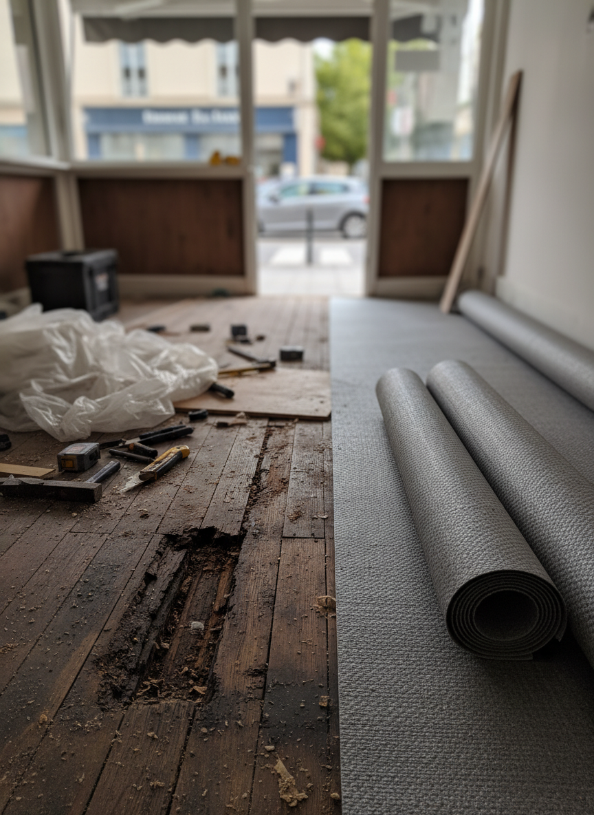 Remise en état d'un kiosque restaurant suite à dégât des eaux à La Valette du Var : remplacement sol bois en pvc, rénovation faux plafond vers Toulon