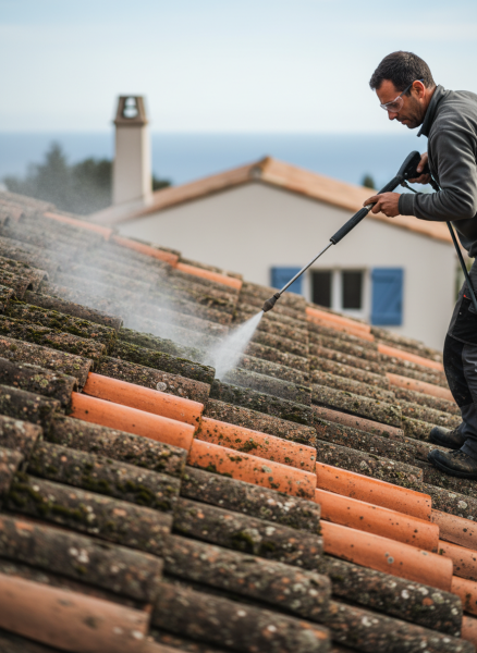 Démoussage tuiles et nettoyage toiture haute pression à Sanary-sur-Mer : avec remplacement tuiles cassées vers Toulon