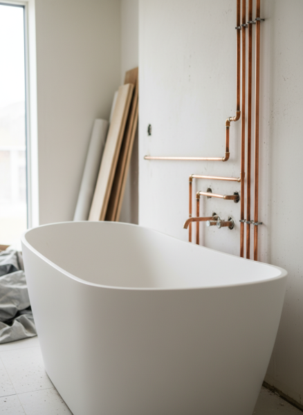Travaux d'intérieurs pour salle de bain baignoire et cuisine équipée blanche à Toulon 83 : Réseaux eau et électricité