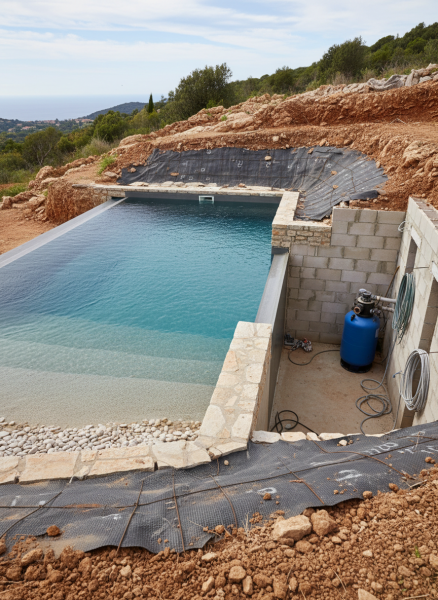 Pisciniste à La Valette pour piscine béton armé enterré 7mx3m50 : avec local technique, plage immergée et terrassement piscine